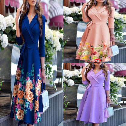 A-Line Midi Dress with Lapel Collar, Belted Waist, and Floral Hem