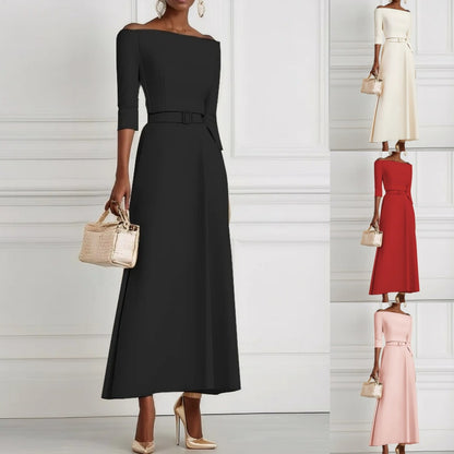 Fit-and-Flare Midi Dress with Off-Shoulder Neck, 3/4 Sleeves, and Belt