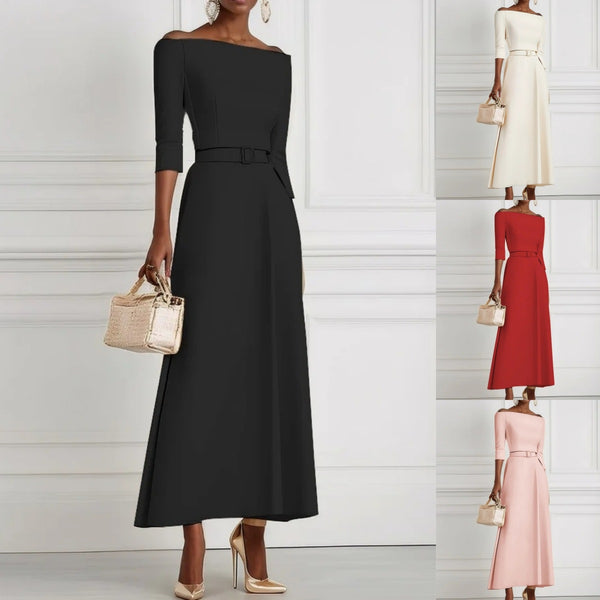 Fit-and-Flare Midi Dress with Off-Shoulder Neck, 3/4 Sleeves, and Belt