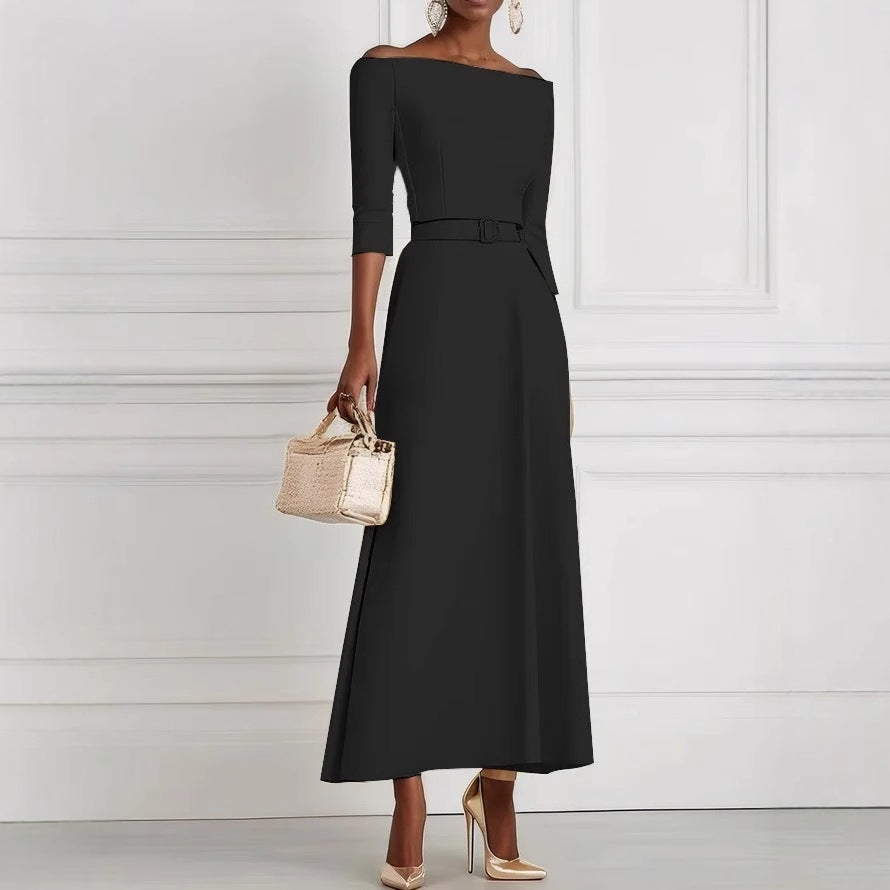 Fit-and-Flare Midi Dress with Off-Shoulder Neck, 3/4 Sleeves, and Belt