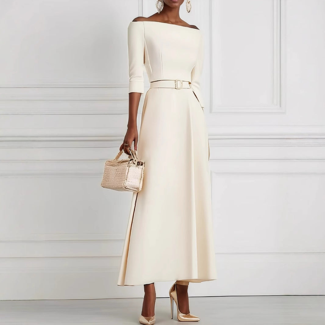 Fit-and-Flare Midi Dress with Off-Shoulder Neck, 3/4 Sleeves, and Belt