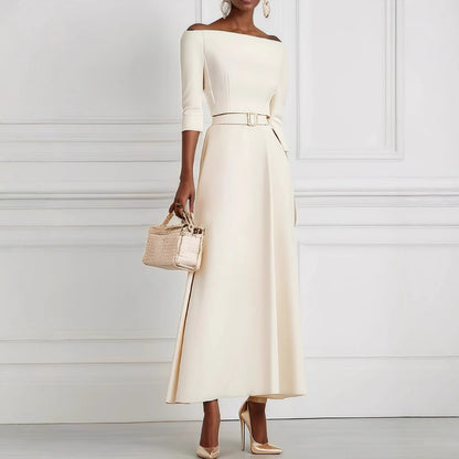 Fit-and-Flare Midi Dress with Off-Shoulder Neck, 3/4 Sleeves, and Belt