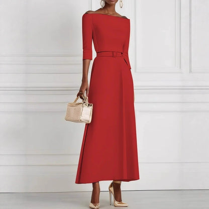Fit-and-Flare Midi Dress with Off-Shoulder Neck, 3/4 Sleeves, and Belt