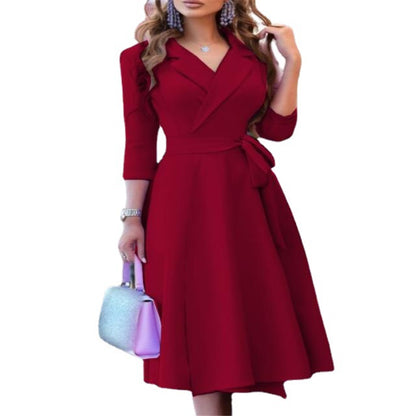 A-Line Midi Dress with Lapel Collar, Belted Waist, and Floral Hem