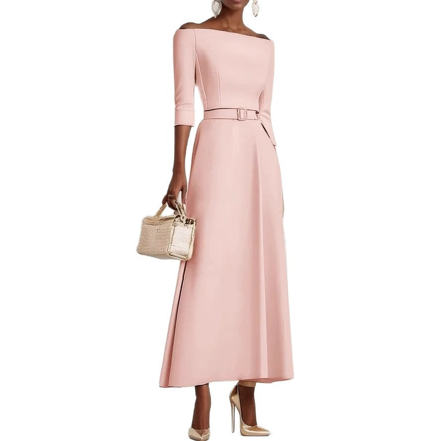 Fit-and-Flare Midi Dress with Off-Shoulder Neck, 3/4 Sleeves, and Belt