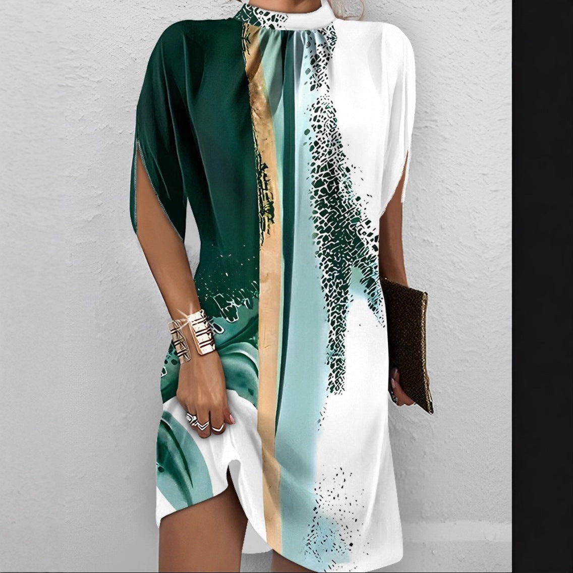 Abstract Color Block Short Dress with Mock Neck and Bat Sleeves