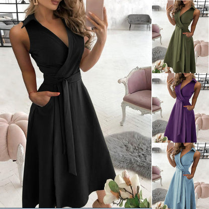 Solid A-Line Midi Dress with Collared V-Neck and Tie-Waist
