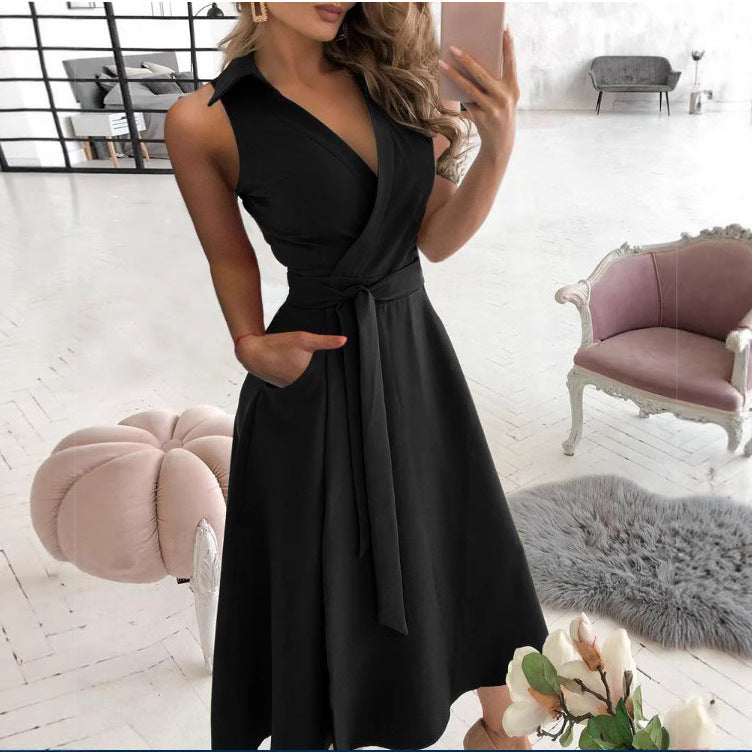 Solid A-Line Midi Dress with Collared V-Neck and Tie-Waist