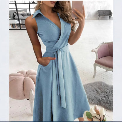 Solid A-Line Midi Dress with Collared V-Neck and Tie-Waist