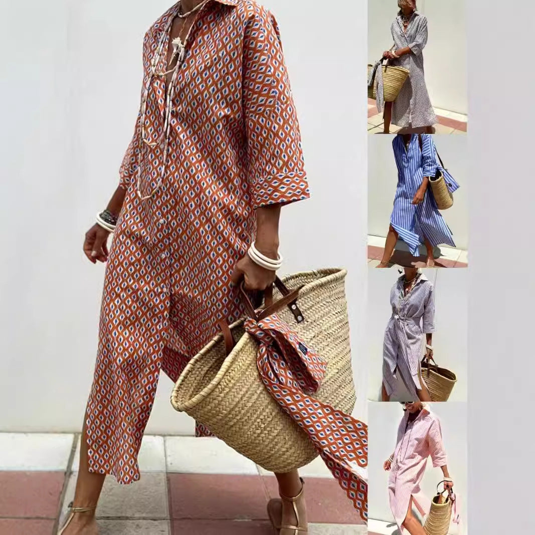 Geometric & Striped Shirt Dress with V-Neck and Half Sleeves