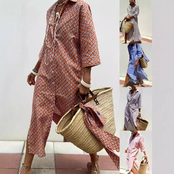 Geometric & Striped Shirt Dress with V-Neck and Half Sleeves