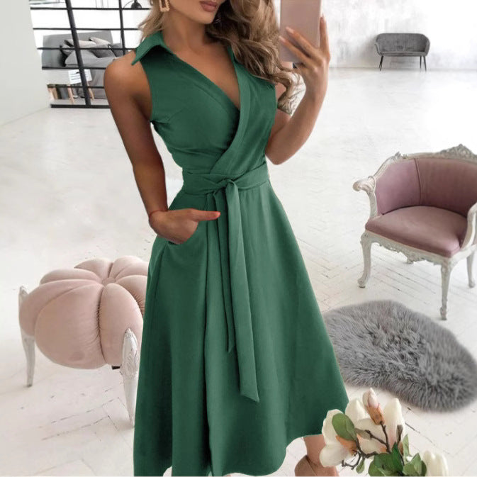 Solid A-Line Midi Dress with Collared V-Neck and Tie-Waist