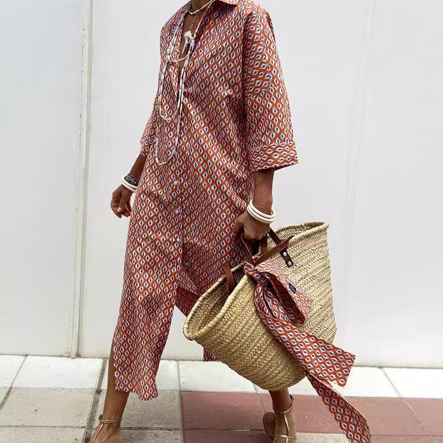 Geometric & Striped Shirt Dress with V-Neck and Half Sleeves
