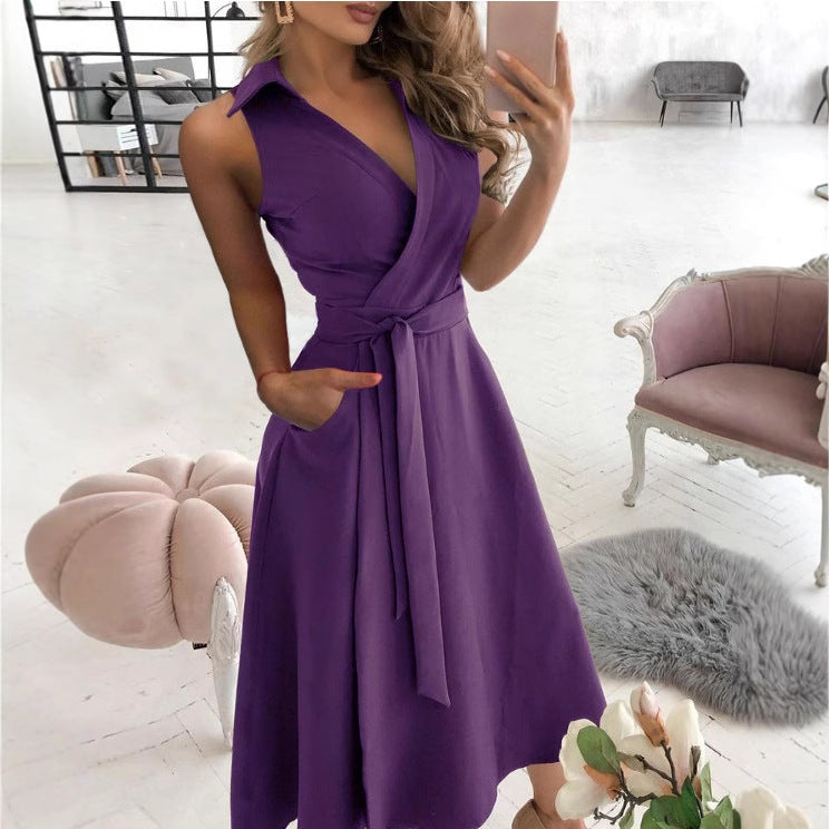 Solid A-Line Midi Dress with Collared V-Neck and Tie-Waist