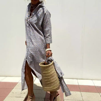 Geometric & Striped Shirt Dress with V-Neck and Half Sleeves