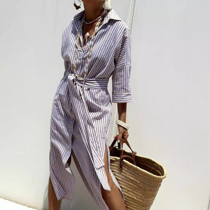 Geometric & Striped Shirt Dress with V-Neck and Half Sleeves