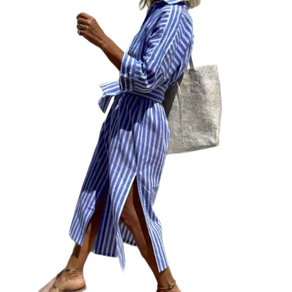 Geometric & Striped Shirt Dress with V-Neck and Half Sleeves