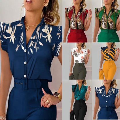 Printed V-Neck Button-Front Blouse with Petal Sleeves