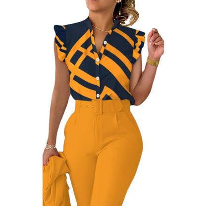 Printed V-Neck Button-Front Blouse with Petal Sleeves
