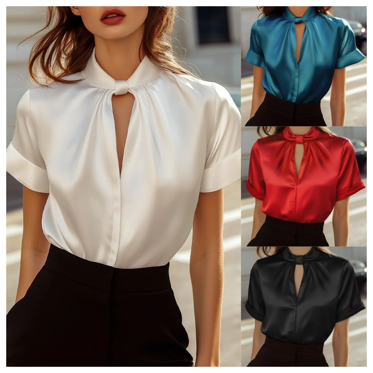 Satin Short Sleeve Blouse with Gathered Stand Collar and Keyhole