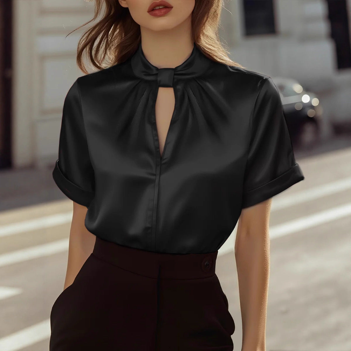 Satin Short Sleeve Blouse with Gathered Stand Collar and Keyhole