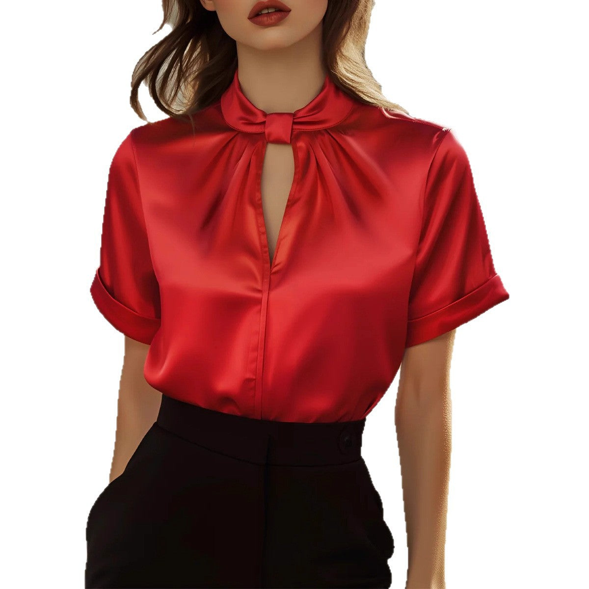 Satin Short Sleeve Blouse with Gathered Stand Collar and Keyhole