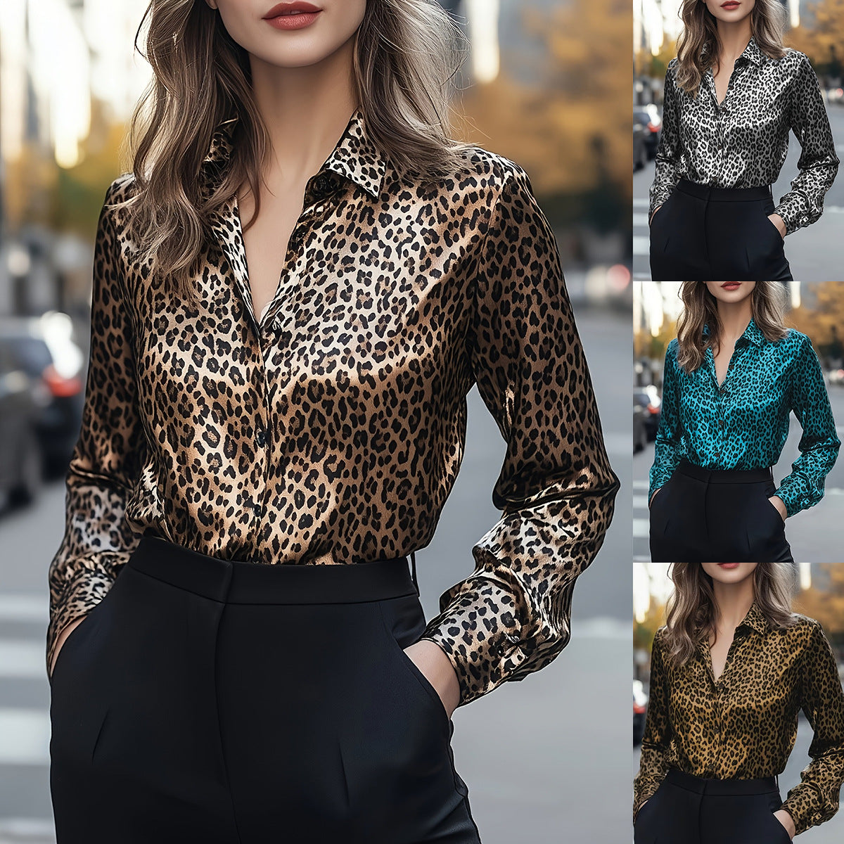 Leopard Print Satin Blouse with Lapel Collar