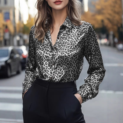 Leopard Print Satin Blouse with Lapel Collar