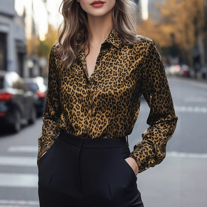Leopard Print Satin Blouse with Lapel Collar