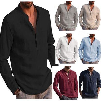 Solid Linen Henley Shirt with Long Sleeves