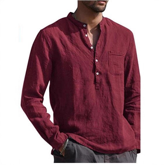 Solid Linen Henley Shirt with Long Sleeves