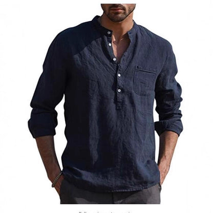 Solid Linen Henley Shirt with Long Sleeves