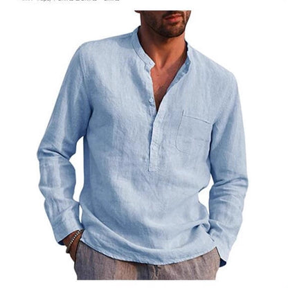 Solid Linen Henley Shirt with Long Sleeves