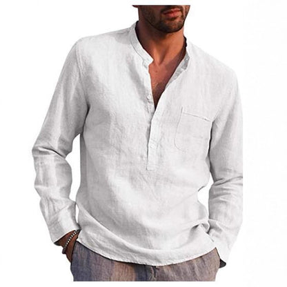 Solid Linen Henley Shirt with Long Sleeves