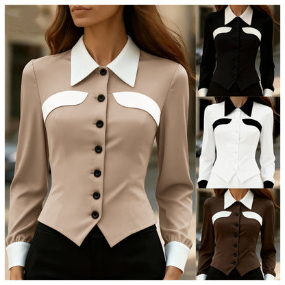 Slim Fit Contrasting Panel Blouse with Pointed Hem