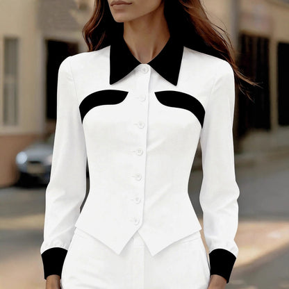 Slim Fit Contrasting Panel Blouse with Pointed Hem