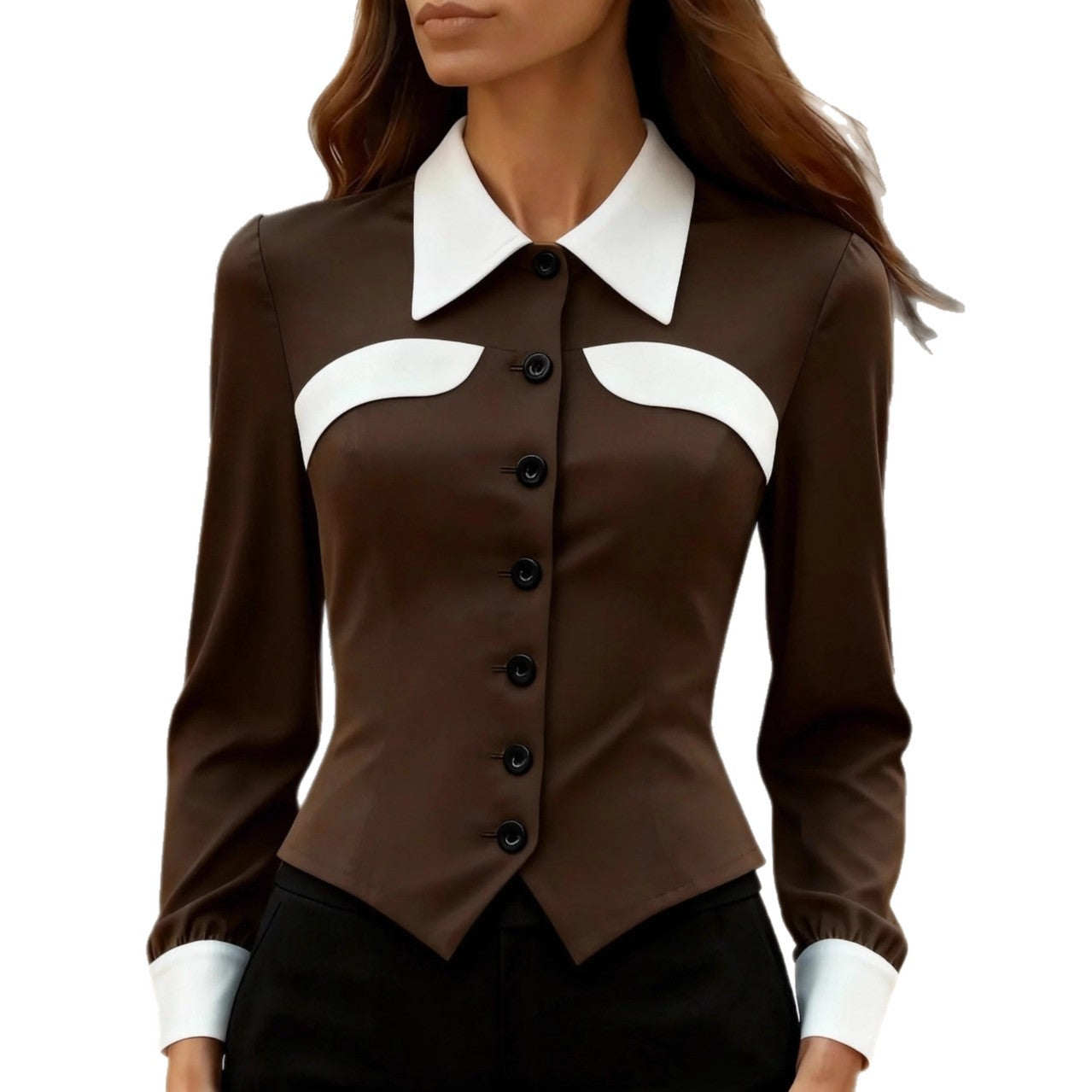 Slim Fit Contrasting Panel Blouse with Pointed Hem