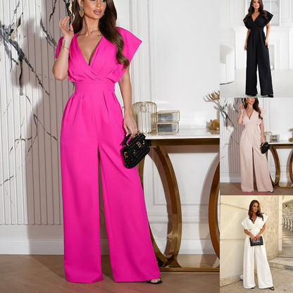 Solid V-Neck Jumpsuit with Wrap Waist and Wide Legs