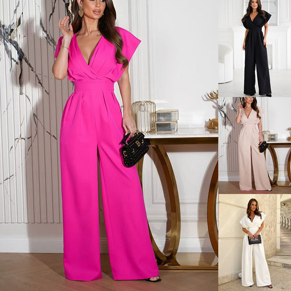 Solid V-Neck Jumpsuit with Wrap Waist and Wide Legs