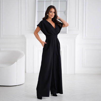 Solid V-Neck Jumpsuit with Wrap Waist and Wide Legs