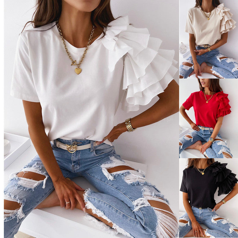 Solid Crewneck T-Shirt with Ruffled Short Sleeves