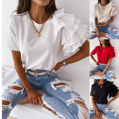 Solid Crewneck T-Shirt with Ruffled Short Sleeves