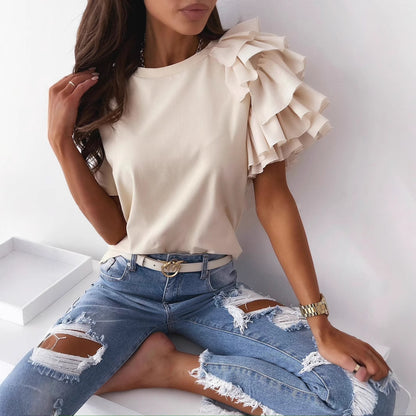 Solid Crewneck T-Shirt with Ruffled Short Sleeves