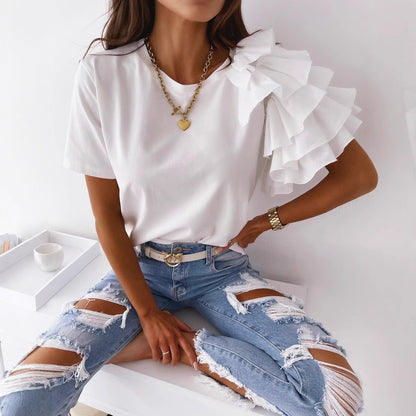 Solid Crewneck T-Shirt with Ruffled Short Sleeves