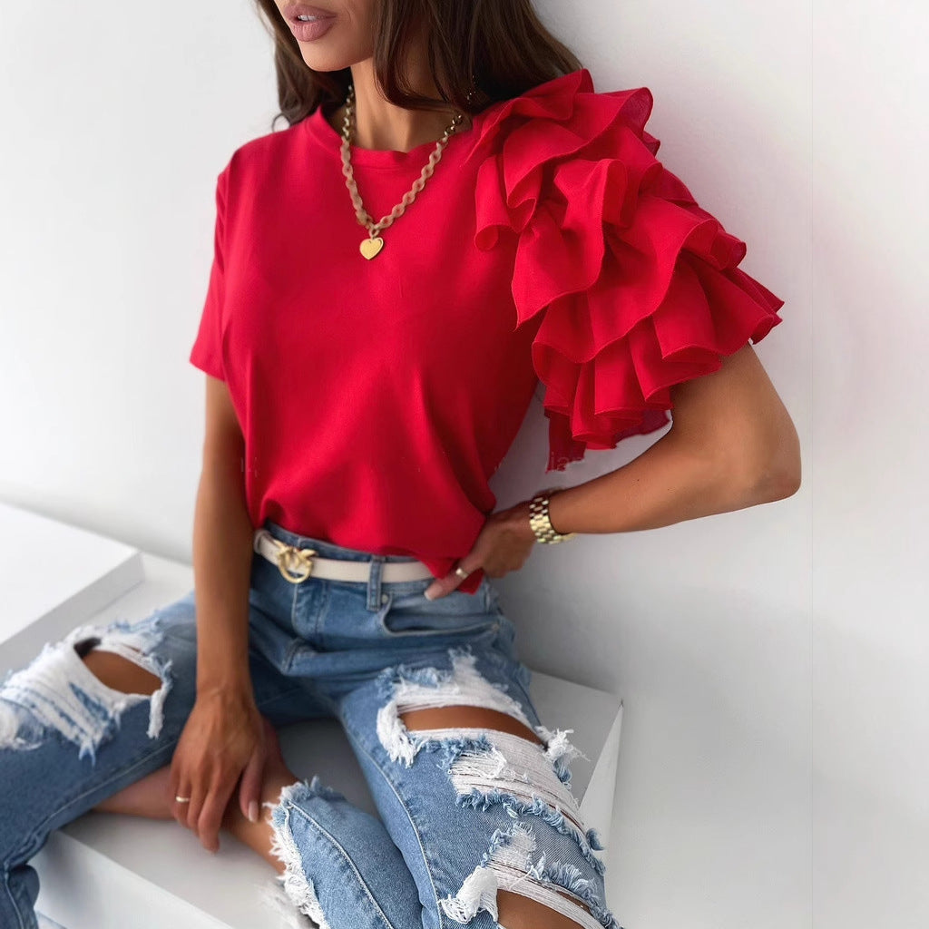 Solid Crewneck T-Shirt with Ruffled Short Sleeves