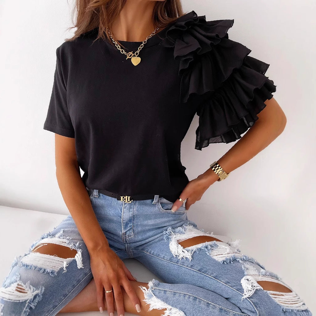 Solid Crewneck T-Shirt with Ruffled Short Sleeves