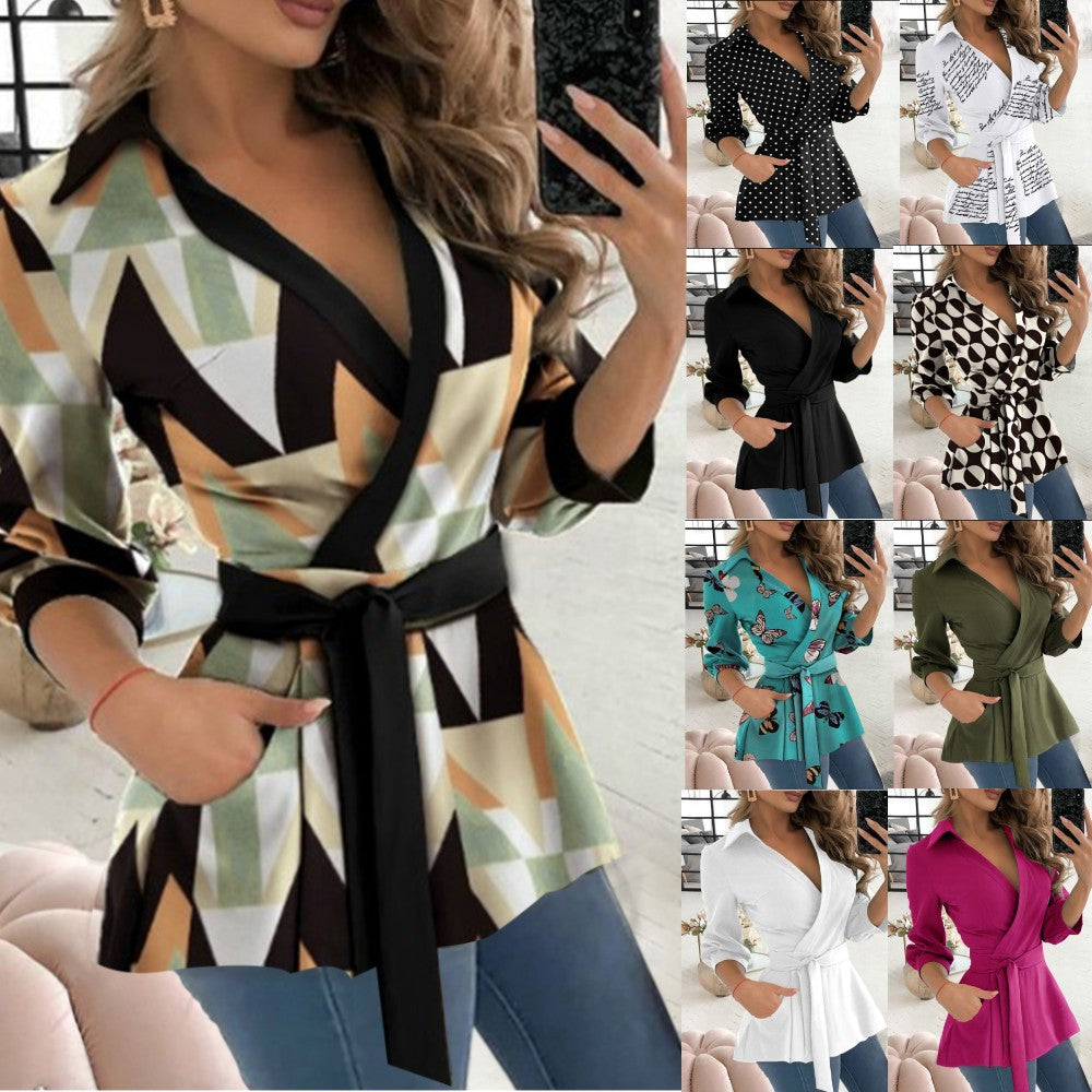 Wrap Peplum Blouse with V-Neck and Self-Tie Belt