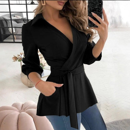 Wrap Peplum Blouse with V-Neck and Self-Tie Belt