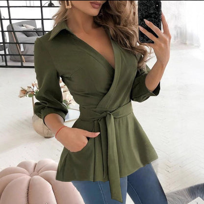 Wrap Peplum Blouse with V-Neck and Self-Tie Belt
