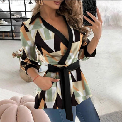 Wrap Peplum Blouse with V-Neck and Self-Tie Belt